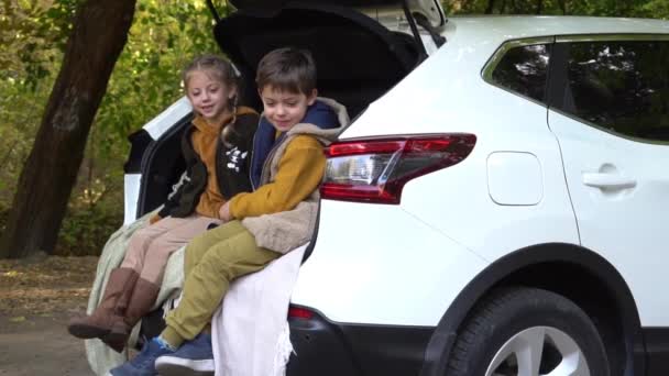 Slow Motion Happy Kids Siedzi Bagażniku Samochodu Zewnątrz — Wideo stockowe