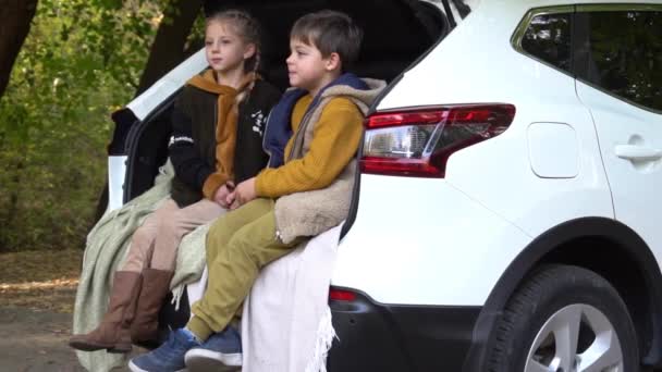 Повільний Рух Двоє Щасливих Дітей Хлопчик Дівчинка Сидять Разом Багажнику — стокове відео