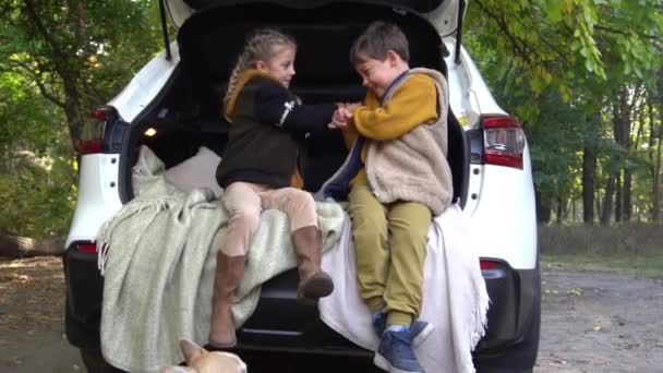Slow Motion Famiglia Che Viaggia Auto Seduta Nel Bagagliaio Aperto — Video Stock