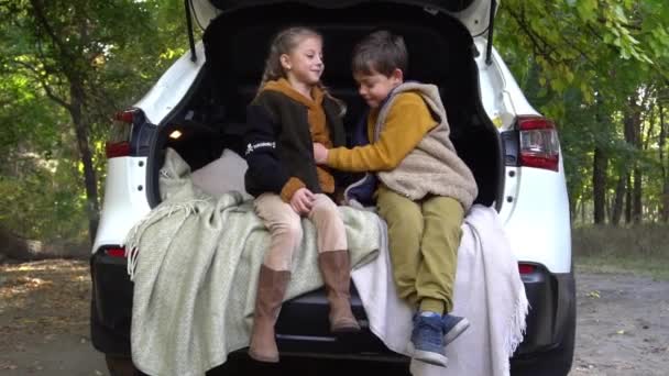 Little Boy Girl Travel Car Road Nature — Stock Video