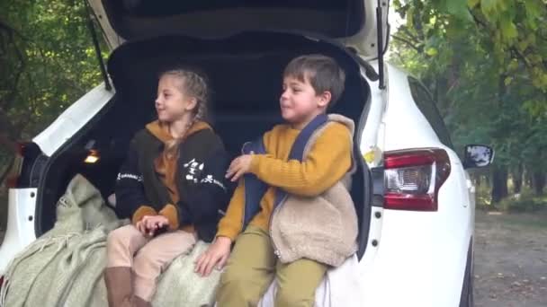 Brat Siostra Siedzą Jesienią Przytulnym Bagażniku Samochodu Sosnowym Lesie — Wideo stockowe