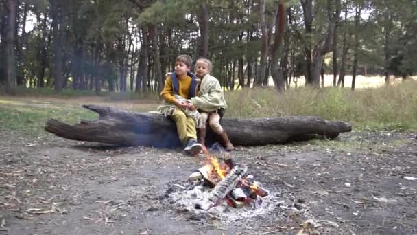 Slow Motion Children Relaxing Camp Bonfire — Wideo stockowe