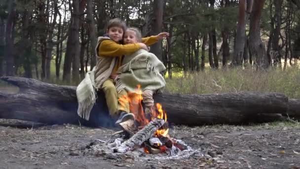 Forest Brother Sister Sitting Log Fire Smoke — ストック動画