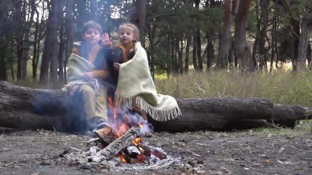 Slow Motion Children Sitting Campfire Forest Autumn — 비디오