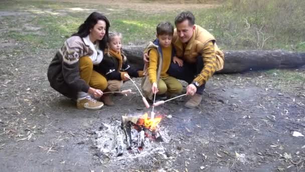 Family Kids Frying Sausages Campfire — Video