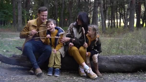 Hermosa Familia Joven Descansando Cerca Fogata Bosque Otoño — Vídeos de Stock