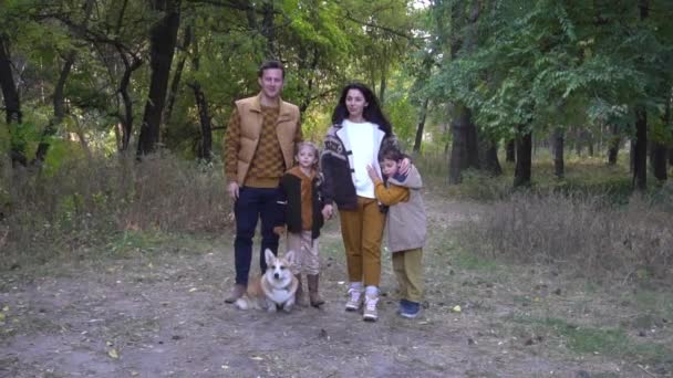 Family Pet Corgi Dog Autumn Woodland Path — Stock video