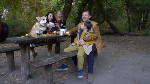 Щаслива Сім Має Пікнік Осінній День Собакою — стокове відео