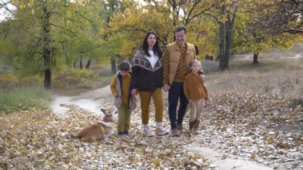 Young Family Children Dog Autumn Park — Vídeo de Stock