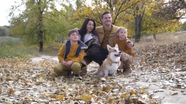 Happy Family Having Fun Dog Outdoors Forest — Vídeo de Stock