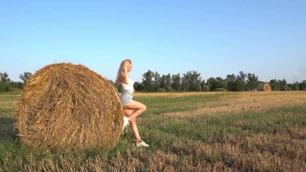 Pomalý Pohyb Mladá Krásná Blondýna Dívka Opírající Kupku Sena — Stock video