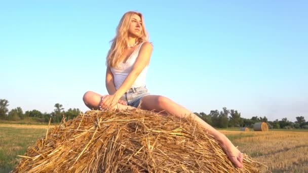 Slow Motion Een Blond Meisje Een Hooiberg Natuur — Stockvideo