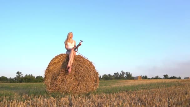 Slow Motion Attractive Woman Sitting Haystack Holding Violin — Stockvideo