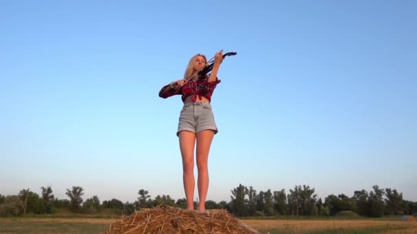 Slow Motion Young Woman Standing Group Straw Stacks Playing Violin — Video Stock