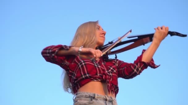 Slow Motion Girl Plays Violin Field — Stockvideo