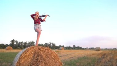 Musician playing violin outdoors in a field of wheat summer background