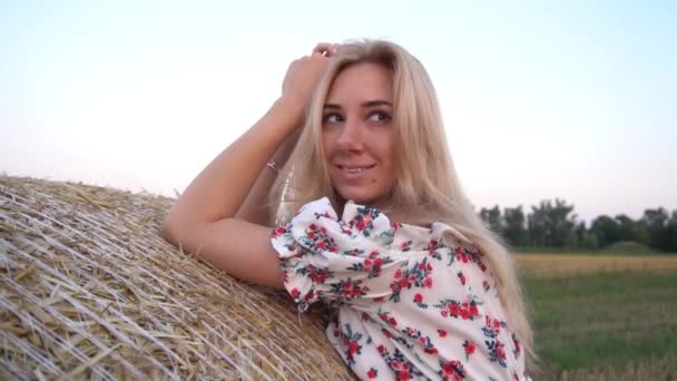 Young Pretty Woman Close Field Background Haystacks Sunset — Wideo stockowe