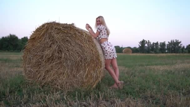 Slow Motion Beautiful Young Woman Field Haystacks — Vídeos de Stock