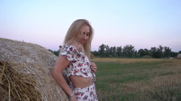 Slow Motion Young Beautiful Woman Large Haystack Empty Field — Vídeo de Stock