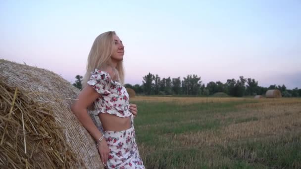 Elegante Jonge Vrouw Kijkt Naar Zonsondergang Bij Een Hooiberg Het — Stockvideo
