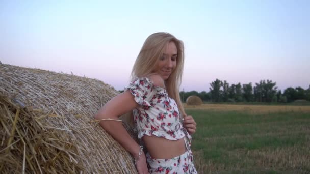 Slow Motion Beautiful Girl Hay Bales Countryside — Vídeo de Stock