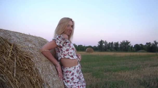 Atrakcyjna Seksowna Blondynka Kwiatowej Sukience Przy Stogu Siana — Wideo stockowe