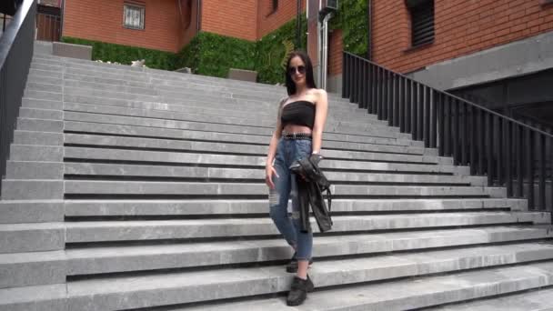 Slow Motion Beautiful Young Woman Standing Stairs — ストック動画
