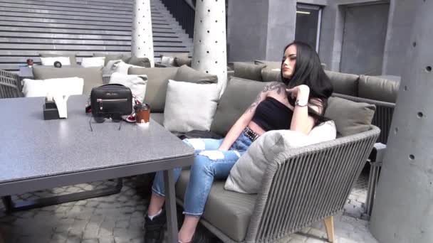 Slow Motion Young Stylish Woman Sitting Table Cafe — 图库视频影像