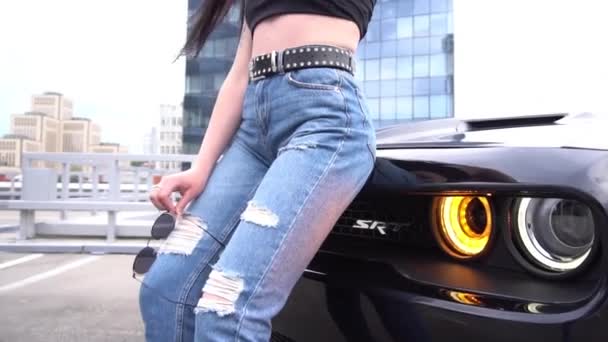 Glamour Brunette Model Posing Outdoor Car — Stockvideo