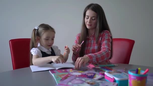 Happy Family Preparing School Little Girl Mother — Stock Video
