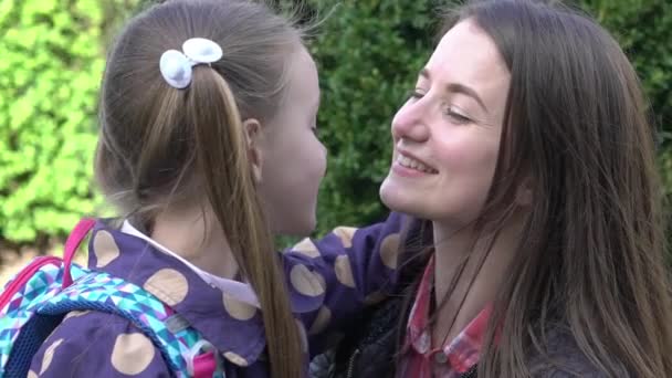 Slow Motion Happy Schoolgirl Hugging Mother Waiting Her School Outdoor — Αρχείο Βίντεο