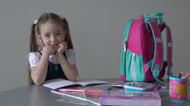 Slow Motion Little Girl Doing Homework Home Closeup — Stockvideo