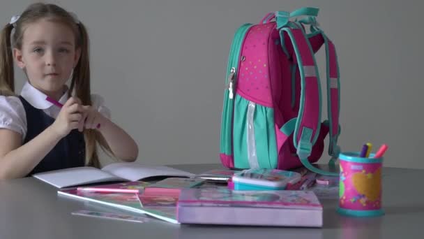 Cute Smart Little Girl Child Sit Table Home Prepare Homework — Stockvideo