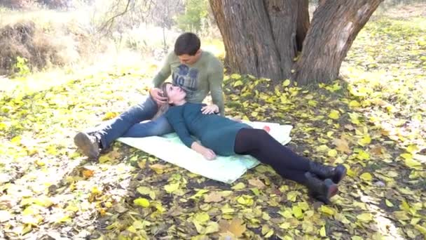 秋の季節に公園で幸せなカップルピクニック — ストック動画