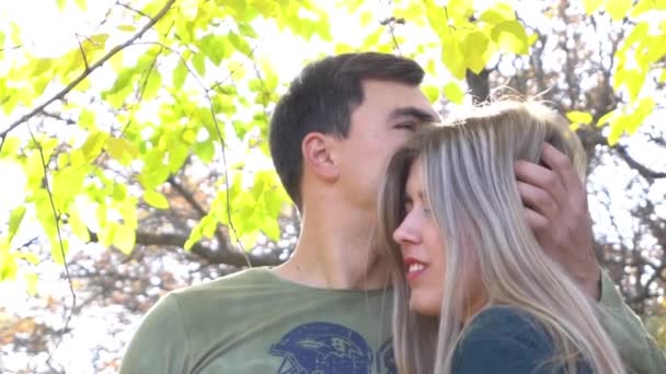Slow Motion Portrait Romantic Couple Autumn City Park — Video