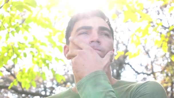 Portrait Handsome Man Background Autumn Forest — Video