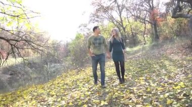 Bir çiftin el ele tutuşup sonbahar parkında yürüdüğü orta boy bir fotoğraf..