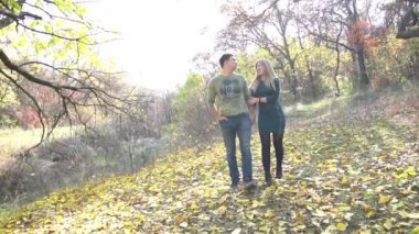 Slow Motion A couple in love walks through the autumn park.
