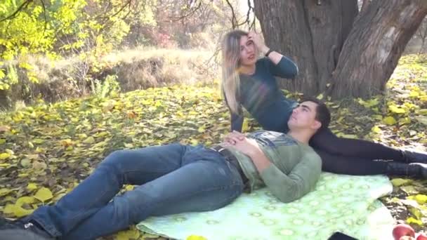 Szczęśliwa Para Mając Piknik Świeżym Powietrzu Ciesząc Się Ciepłą Wiosną — Wideo stockowe