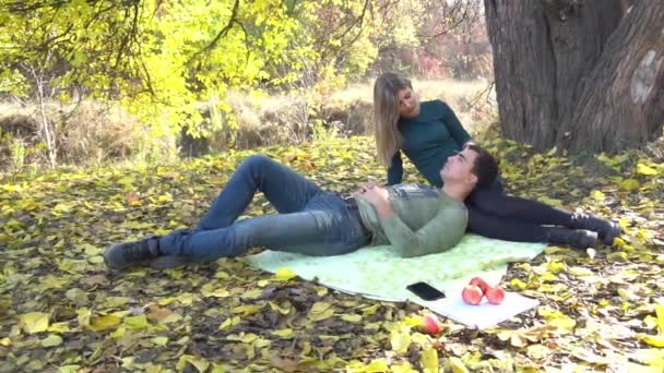 Slow Motion Happy Couple Having Picnic Autumn Park — Stockvideo