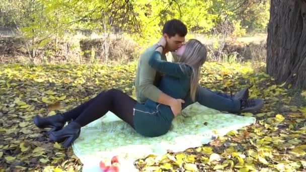 Young Couple Kissing Background Autumn Park — Vídeo de Stock
