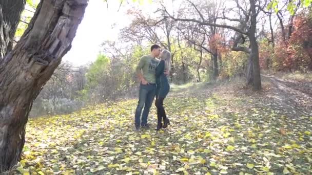 Young Couple Love Holding Hands Walking Park Sunny Autumn — Stockvideo