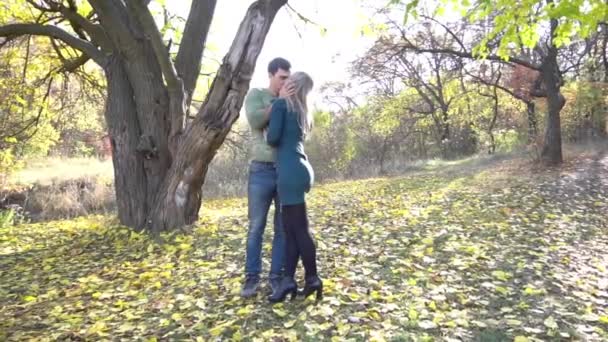 Slow Motion Man Woman Kissing Autumn Park — Video Stock