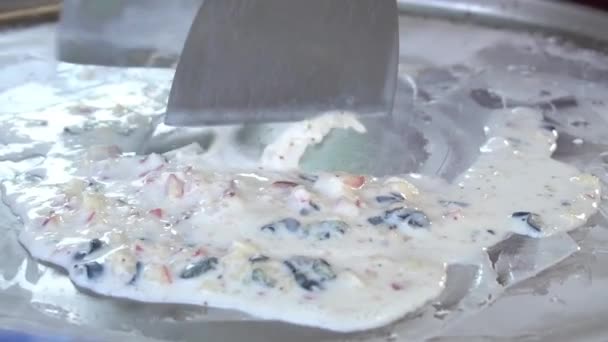 Slow Motion Process Cooking Stir Fried Ice Cream Freeze Pan — Video Stock