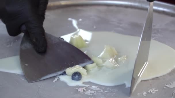 Slow Motion Handmade Rolled Ice Cream Dessert Cold Plate — Video Stock