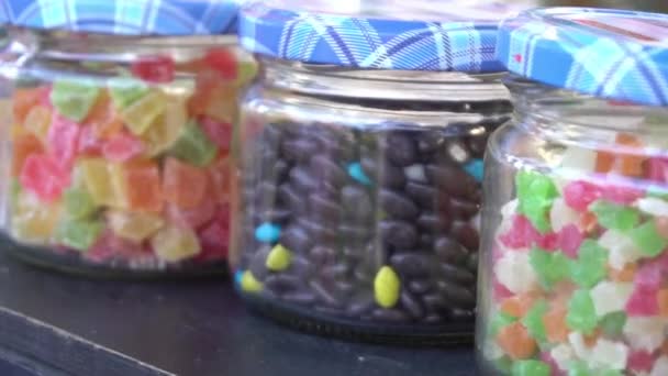 Olorful Candies Packaged Decorated Glass Bottles — Video Stock