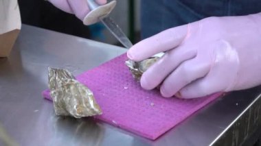 Slow Motion Man koyu arkaplanda taze istiridye kabuğu açıyor.