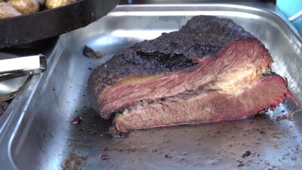 Slow Motion Sliced Grilled Beef Barbecue Striploin Steak — Vídeos de Stock