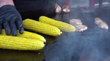 Background of grilled vegetables and meat on a grill