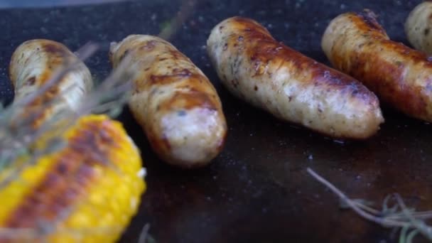 Grilled Sausage Addition Herbs Vegetables Grill Plate — Vídeos de Stock